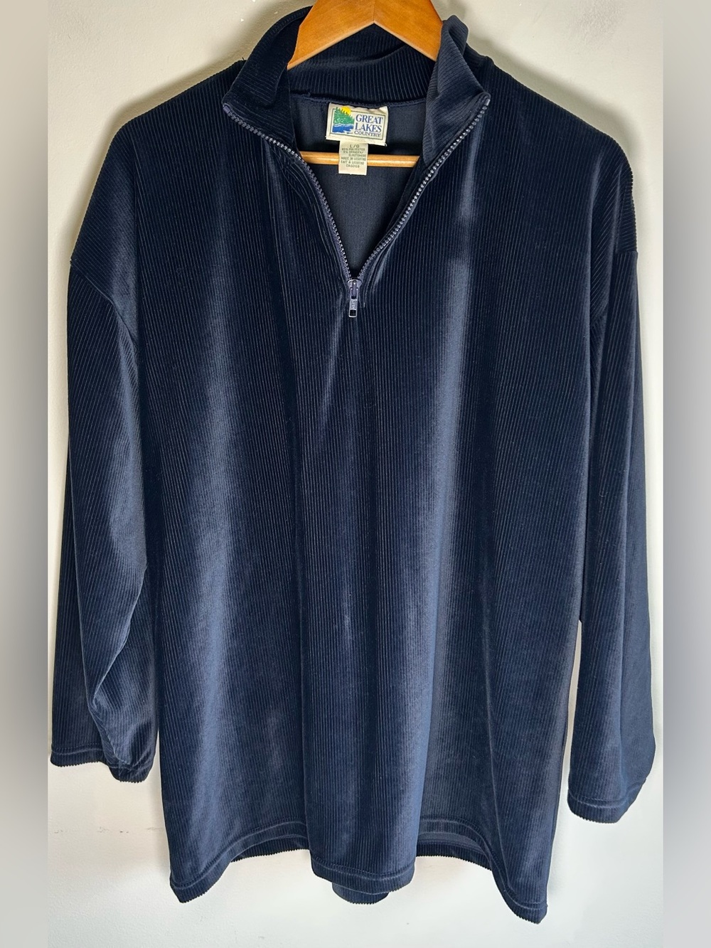 Vintage Great Lakes Country 1/4 Sweater Unisex Size L Navy Blue Corduroy Velour